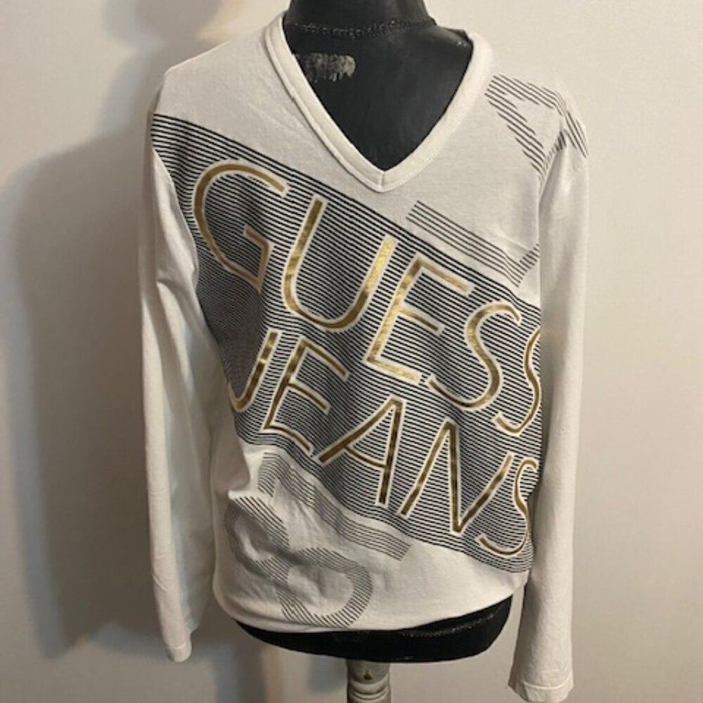 Guess "81" Vintage White/Blue stripes V-neck long sleeves t-shirt, size L
